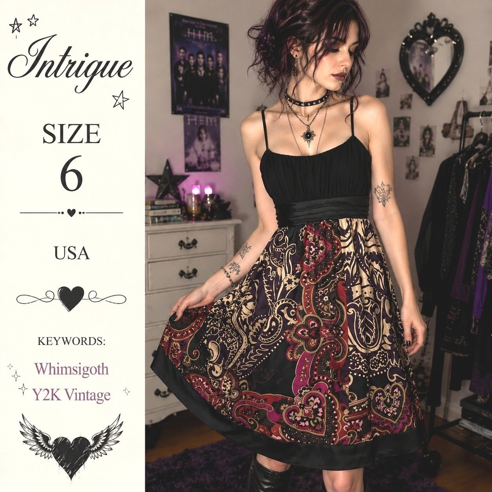 Intrigue Paisley Midi Dress Womens 6 Black Y2K Fairy Grunge‎ Indie Sleaze Whimsi